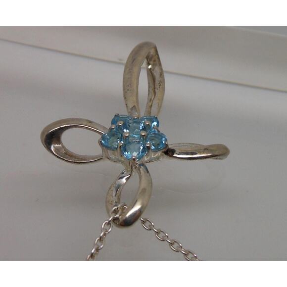 Vintage Sterling Silver Blue Topaz Flower Slide Cross Pendant Necklace Chain - Picture 7 of 10